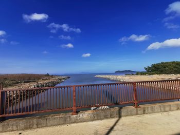 Scenic view of beach against blue sky