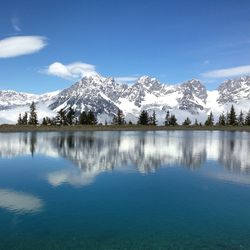 Snowcapped mountains with lake in foreground