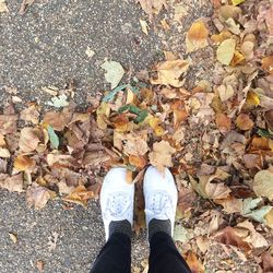 Low section of man standing on fallen leaves