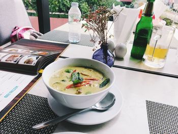 High angle view of soup in bowl on table