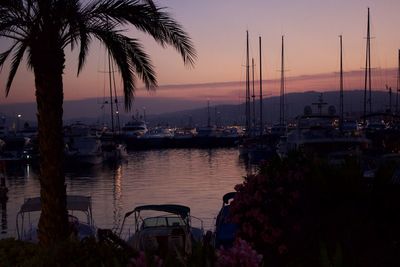 Sailboats moored at harbor against sky during sunset