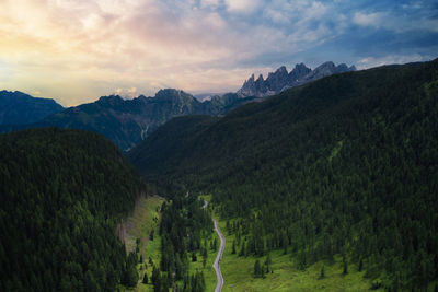 Aerial view at dawn of the dolomites and forest in the trentino pilgrim pass