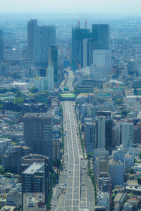 High angle view of modern buildings in city