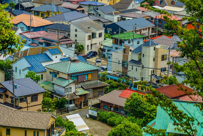 High angle view of houses in town