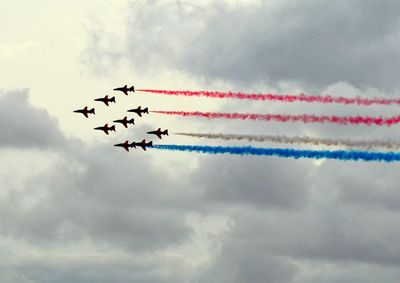 Low angle view of birds flying over cloudy sky