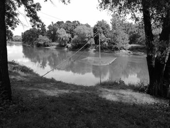 Scenic view of lake by trees against sky