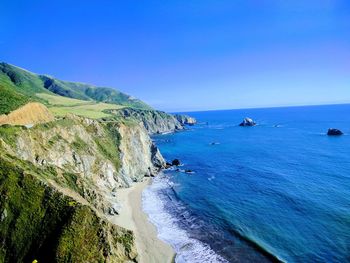 Panoramic shot of sea against clear blue sky