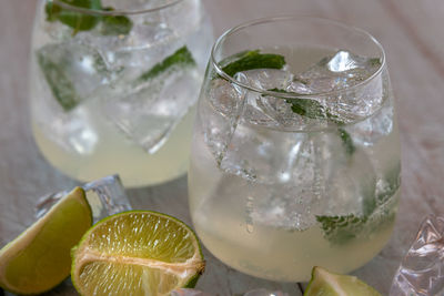 Iced summer drink with lemon and mint. mojito, lemonade, infused water or iced tea glass.