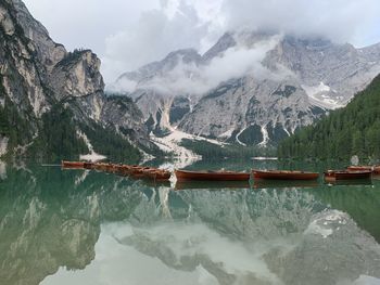 Scenic view of lake and snowcapped mountains against sky