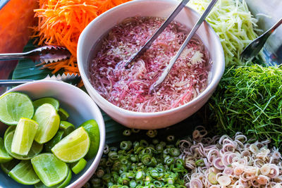 High angle view of chopped fruits in bowl