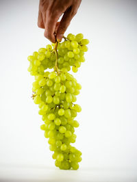 Close-up of hand holding grapes over white background
