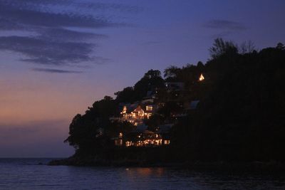 Illuminated trees by sea against sky at night