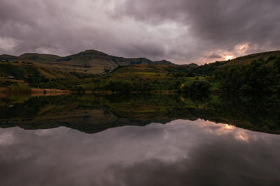 Scenic view of lake by mountains against sky