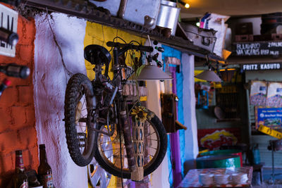 Bicycles hanging on wall 