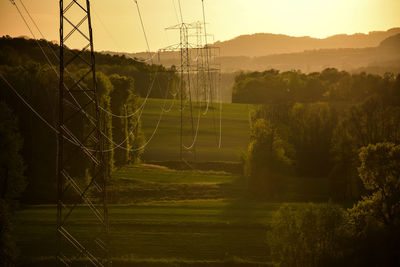 Overhead power lines through fileds and forests