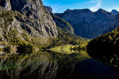 Scenic view of lake and mountains against sky