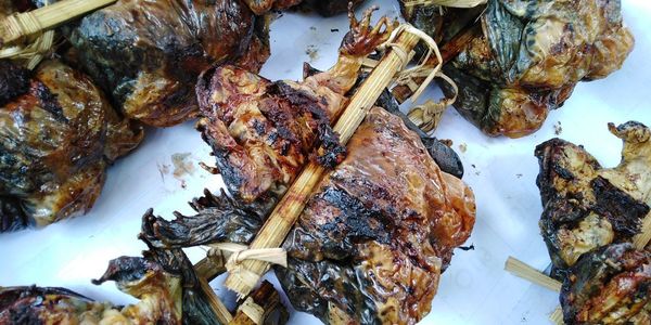 High angle view of food on barbecue grill