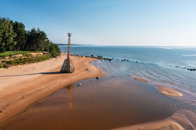 Old ruins of kurmrags lighthouse on the shore of the rigas gulf, baltic sea, latvia, aerial view