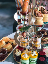Close-up of afternoon tea set with savoury bites and desserts on table