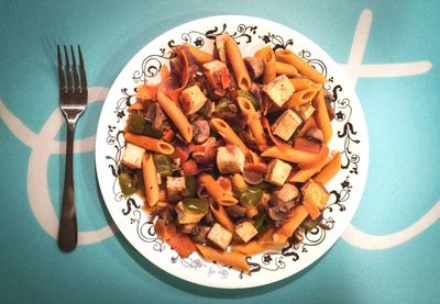 Directly above view of pasta in plate