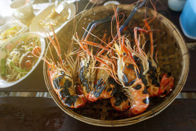 Grilled shrimps on bamboo basket