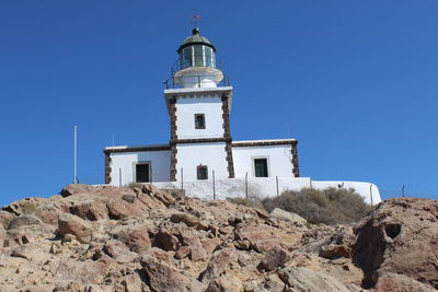 Low angle view of building against clear blue sky