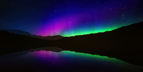 Scenic view of aurora the northern lights, or aurora borealis,  mountains against sky at night