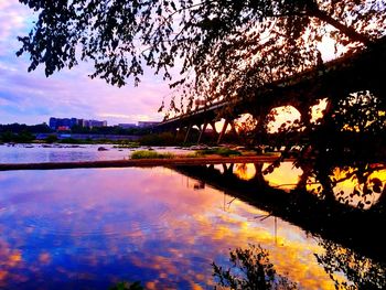 Reflection of silhouette trees in lake against sky