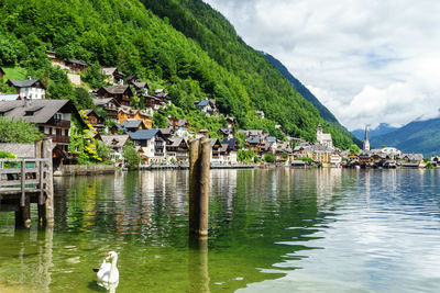 Scenic view of lake by buildings against sky