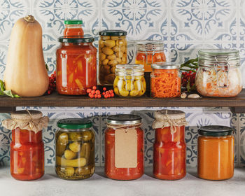 Close-up of food in bottles