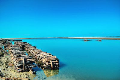 Scenic view of sea against clear blue sky