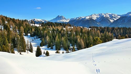 Scenic view of snow covered field and mountains against blue sky