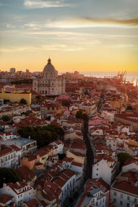 High angle view of townscape against sky at sunset