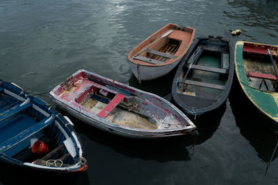 High angle view of boat moored in lake