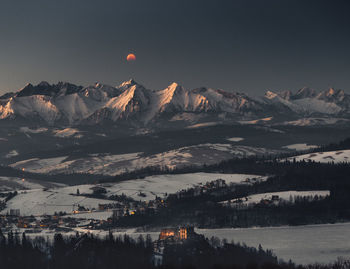 Scenic view of snowcapped mountains against sky during winter