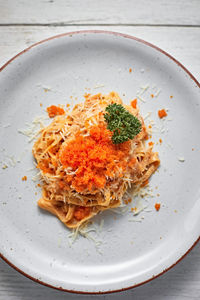 High angle view of food in plate on table