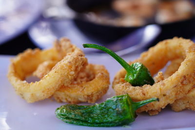 Calamari rings served with green peppers, typical canarian food, tenerife, canary islands