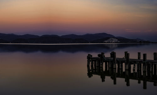 Scenic view of lake against sky at sunset