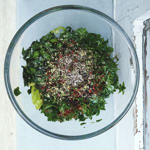 Directly above shot of salad in bowl on table