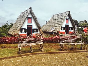 Houses and trees on field against sky