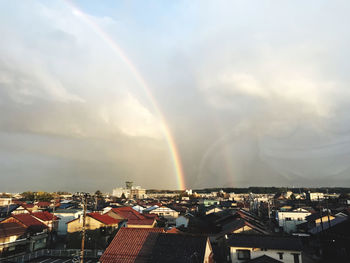 Scenic view of rainbow over buildings in city against sky