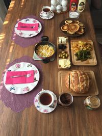 High angle view of breakfast on table