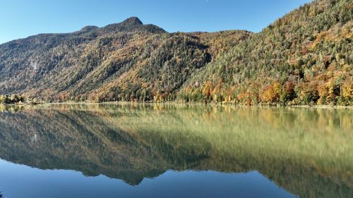 Scenic view of lake and mountains against clear sky