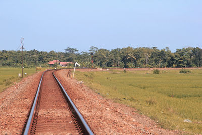 Railroad track amidst field against clear sky