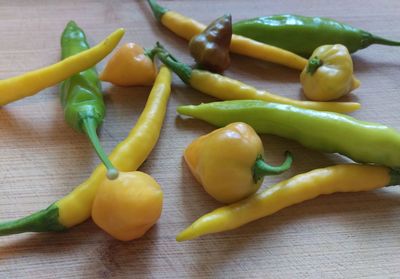 High angle view of chili peppers on table