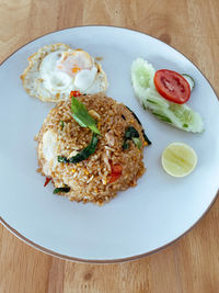 High angle view of breakfast served on table