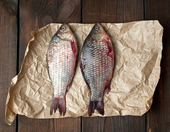 High angle view of fish on cutting board