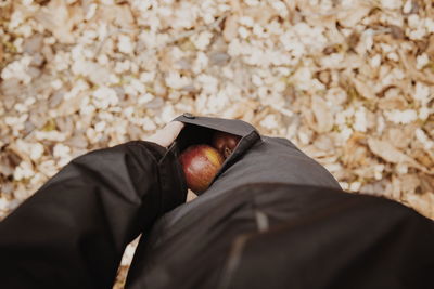 Midsection of men with nuts in pockets standing outdoors