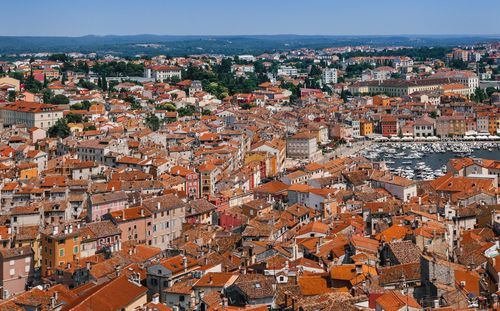 High angle view of cityscape against clear sky