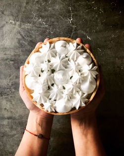 Close-up of hand holding white rose